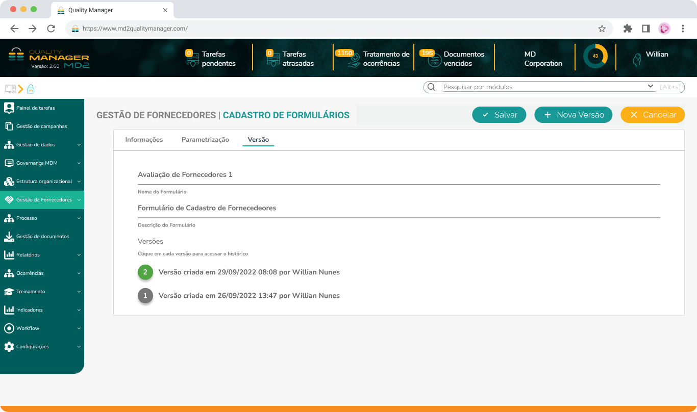 cadastro de formulário de avaliação de fornecedor - Versões.png