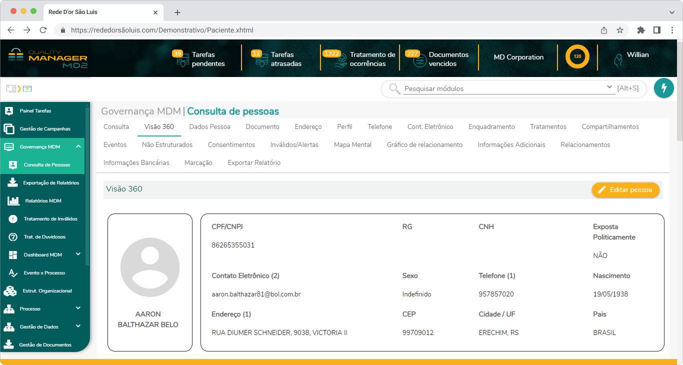 Interface da aba Visão 360