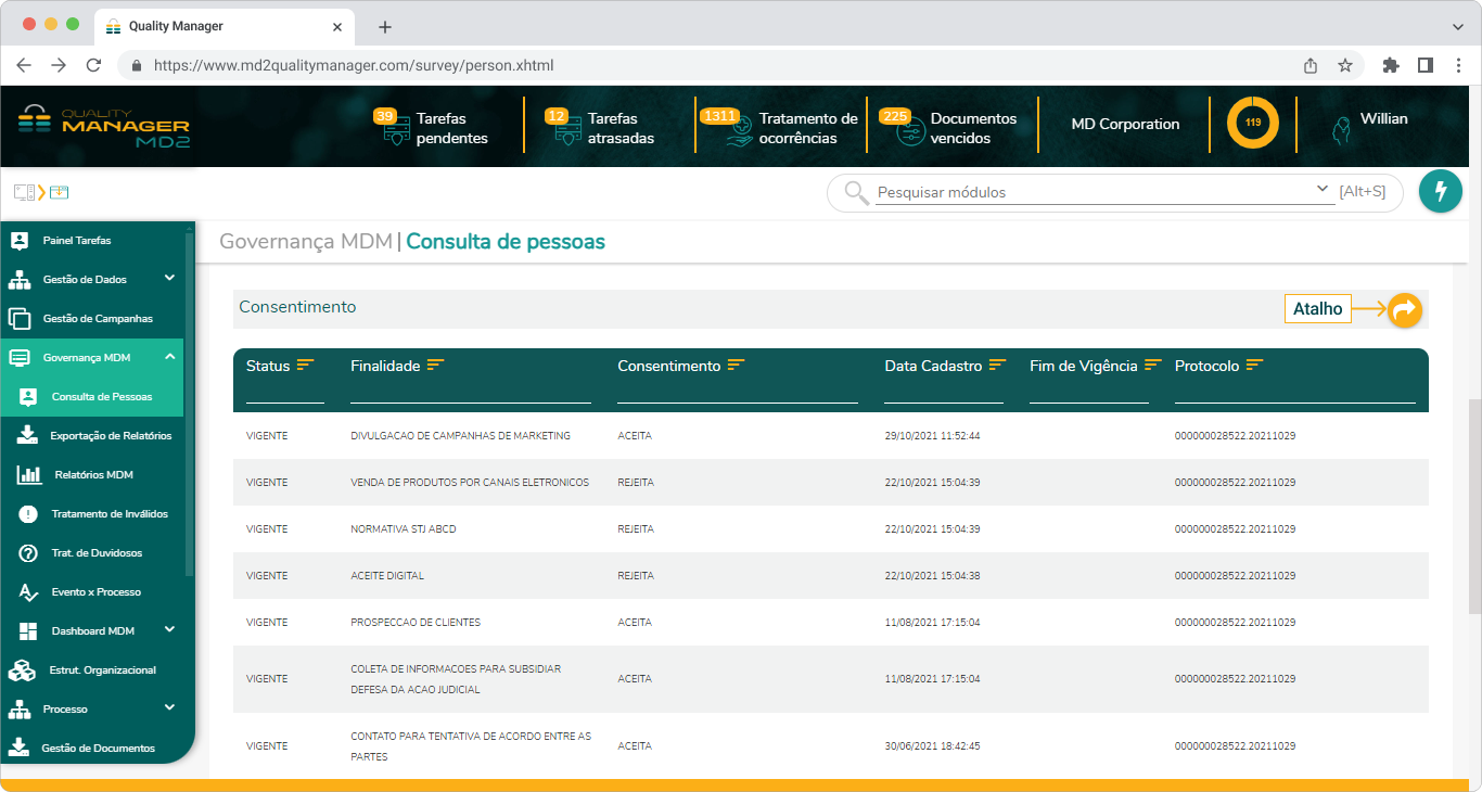 Interface da aba Visão 360, exibindo a parte da tela onde é exibido as informações de consentimento, destacando o botão de atalho para a aba com todas as informações de consentimento