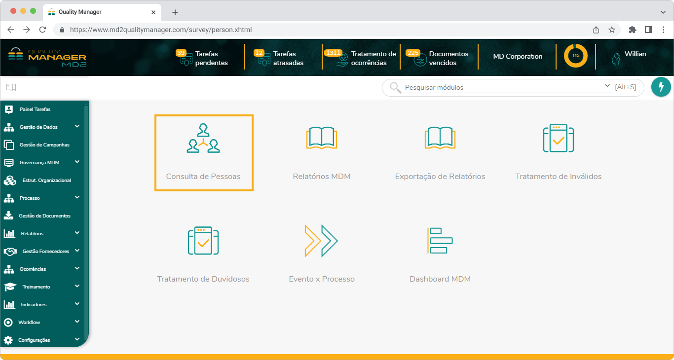 Exibição dos submódulos dentro do módulo Governança MDM, onde está destacado o módulo Consulta pessoa