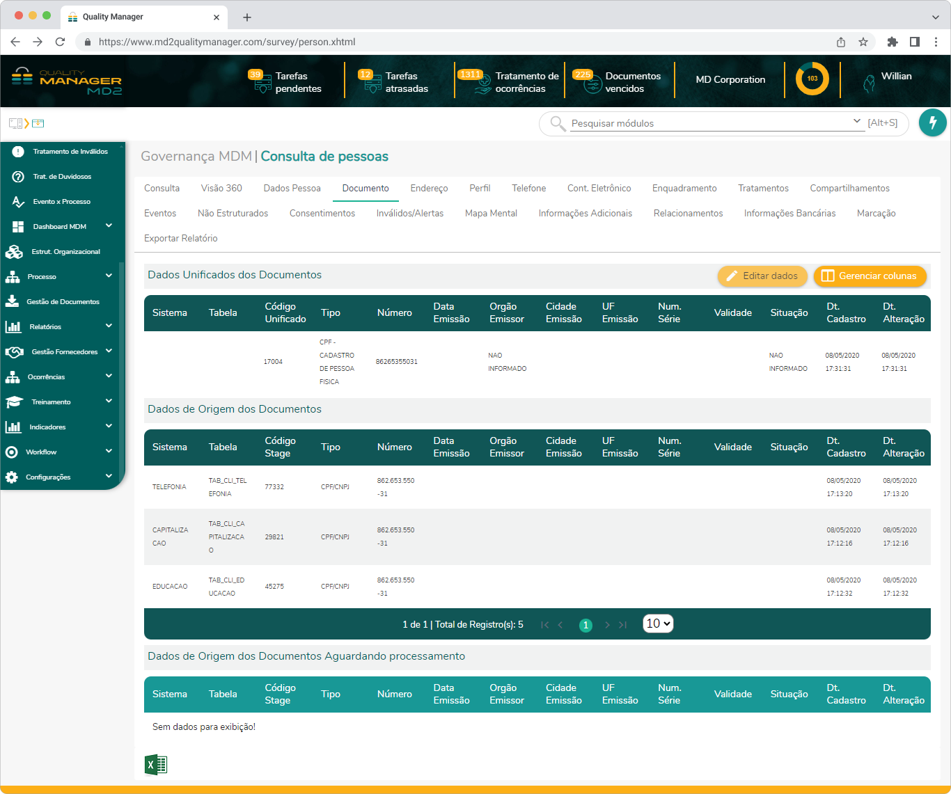 Exibição da aba documentos. Nela, são exibidas as tabelas de Dados unificados dos documentos, Dados de origem dos docuementos e a tabela de dados de origem de documentos aguardando processamento