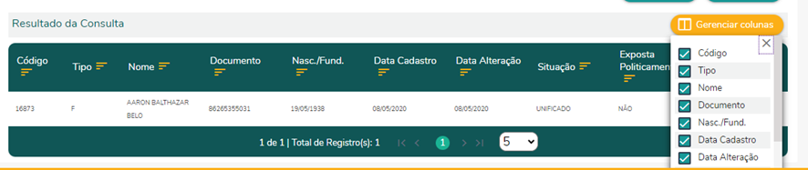 Exibição das colunas disponíveis ao clicar no botão gerenciar colunas