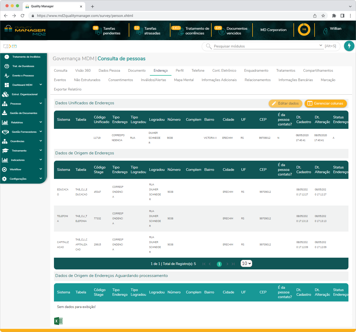 Aba Endereço, nela são exibidas as tabelas: Dados unificados de endereço, Dados de origem de endereços e Dados de origem de endereço aguardando processamento