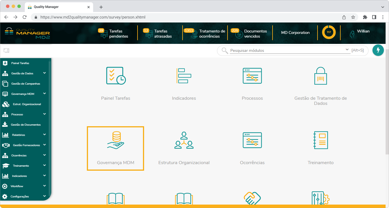 Menu central do Quality Manager, onde o módulo Governança MDM é destacado