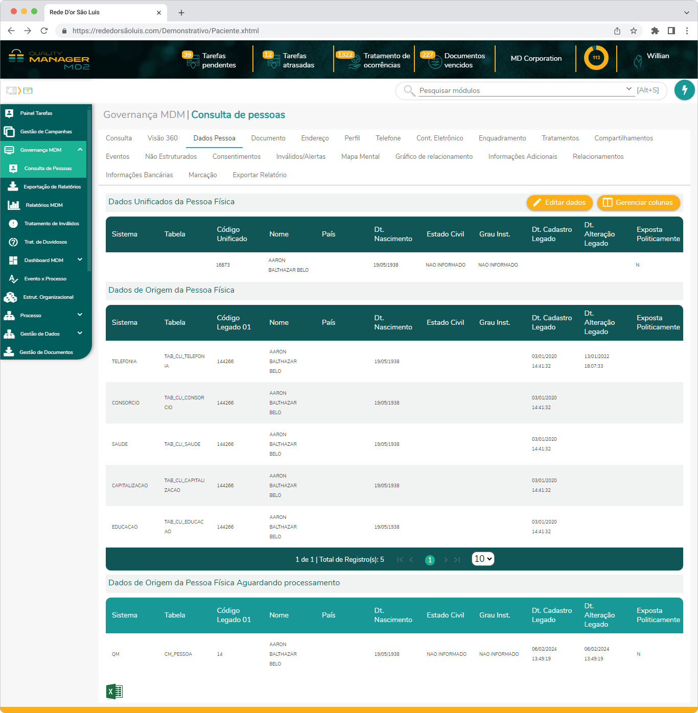 Exibição da tela Dados pessoa.